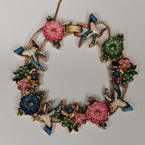 Vintage enamel hummingbird flower charm slide bracelet